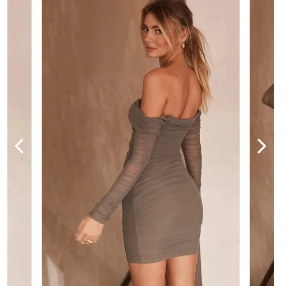 NWT Selfie Leslie Olive Moonrise Off The Shoulder Long Sleeve Rouched Mini Dress - Picture 3 of 7